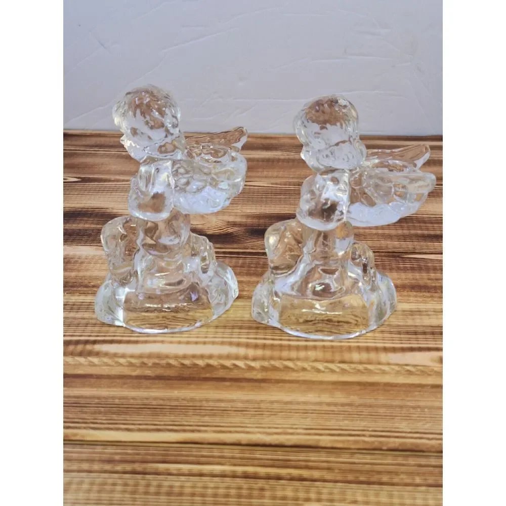 Set Of‎ 2 Kneeling CHRISTMAS TAPERED GLASS ANGEL CANDLE Holders 4.25